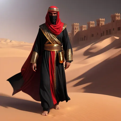 Prompt: guards of the desert of arab descent, in red and black robes, lightly dressed, visibly well-trained, high-quality equipment with gold ornaments, mouth covered with a scarf, menacing look, ready to fight, voluminous desert light, 3d, digital masterpiece