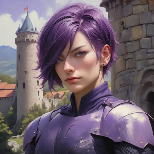 Prompt: realsitic upper body portrait, a masculine looking  women, looks like a men, muscular, she is  in her fifties with  visbile wrinkles in her face, short hairstyle with a  sidecut, broad chin,  purple hair, upper body portrait, in a castle, military posture, oil painting, realistic, hd, contrasted colors, athletic chest, masculine posture