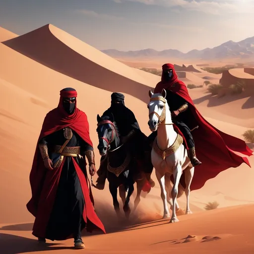 Prompt: guards of the desert of arab descent, in red and black clothes with a fluttering red cape, lightly dressed, visibly well-trained, high-quality equipment with gold ornaments, mouth covered with a scarf, menacing look, ready to fight, voluminous desert light, 3d, digital masterpiece