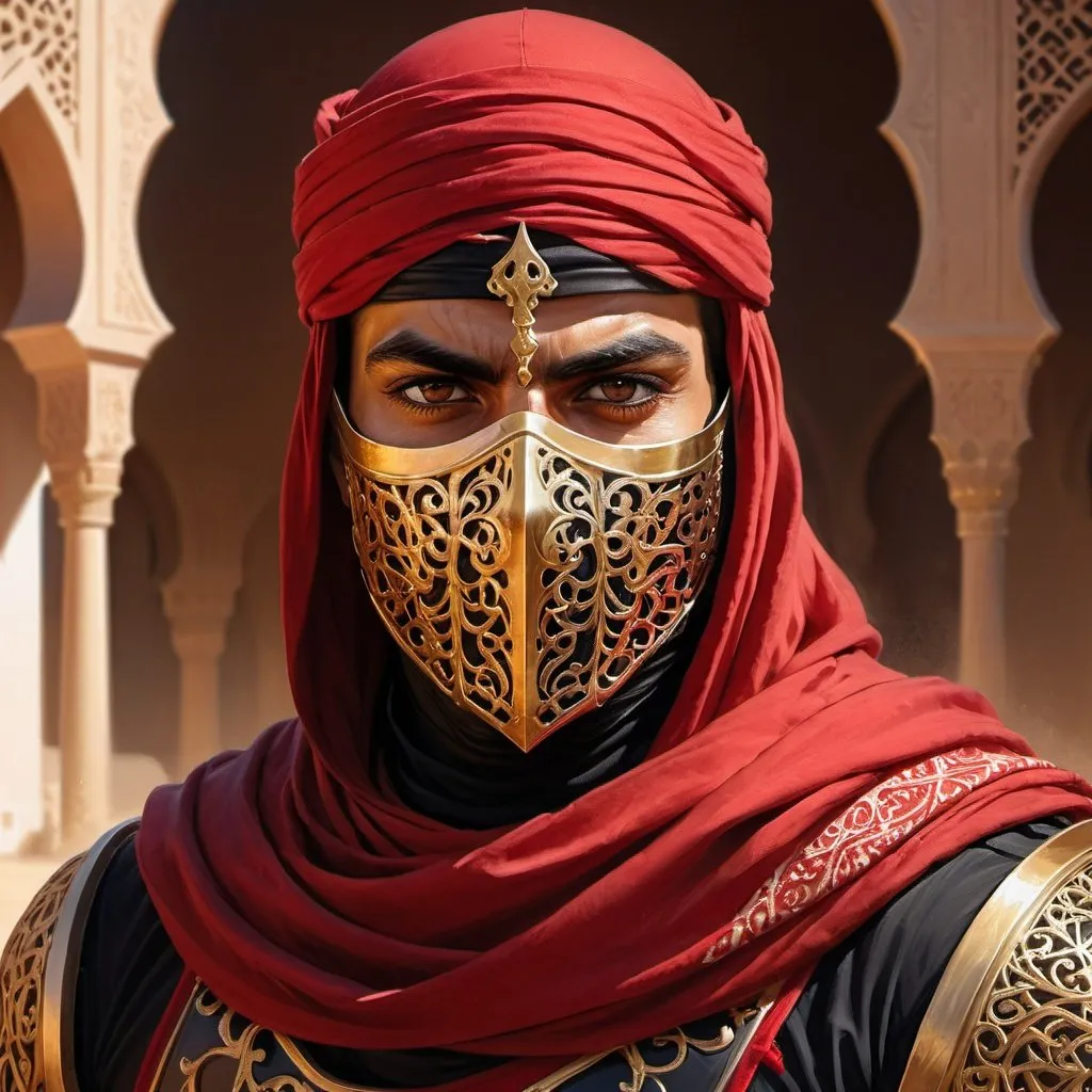 Prompt: arabic male guard in black and red uniform, golden armor elements,  face masked with a red scarf, Art by Stanley Artgerm, Charlie Bowater, realistic, 32k, high resolution, 30mm lens, ISO 100, high detail, warm lighting, desert surrounding, intricate artwork masterpiece, ominous, golden ratio, tsharp focus, intricate details, highly detailed