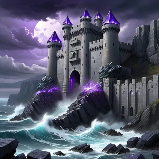 Prompt: huge gray military fortress made of stones with a magical purple shimmer in front of it a cliff with blue-greyish roaring waves crashing on the cliff,  in the middle of the fortress a large steel gate, behind the fortress dark mauntains and a cloudy and rainy sky, gray play of lights and a dark atmosphere, digital masterpiece, very detailed fortress, hd artwork