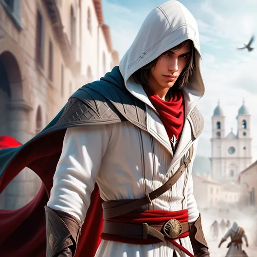 Prompt: character portrait, young man dress style hooded like in assassins creed, digital image, art style like andreysmachniy or rioboy-daydreamer from deviantart