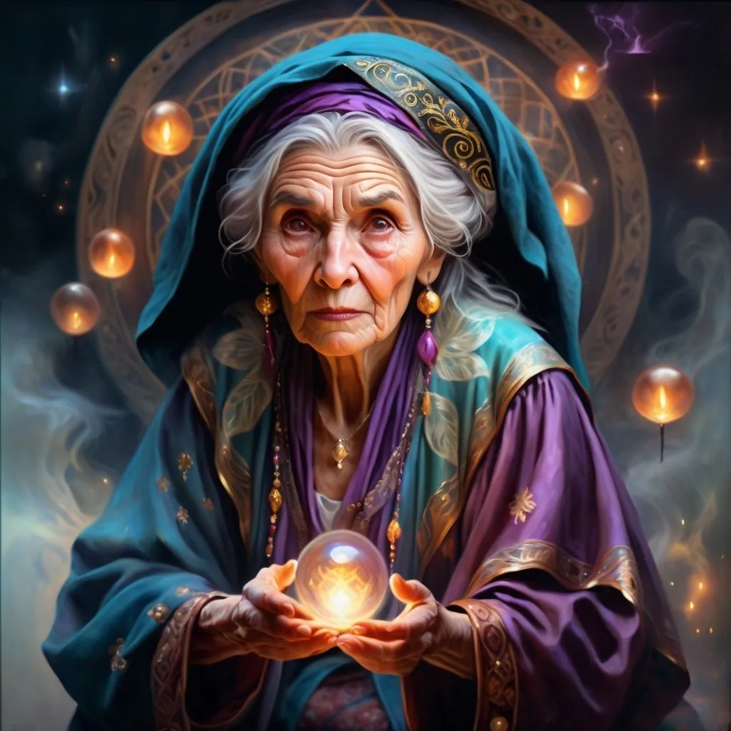 Prompt: realsitic portrait, character design of a fortune teller, old woman with magic power, oil painting, realistic, hd 