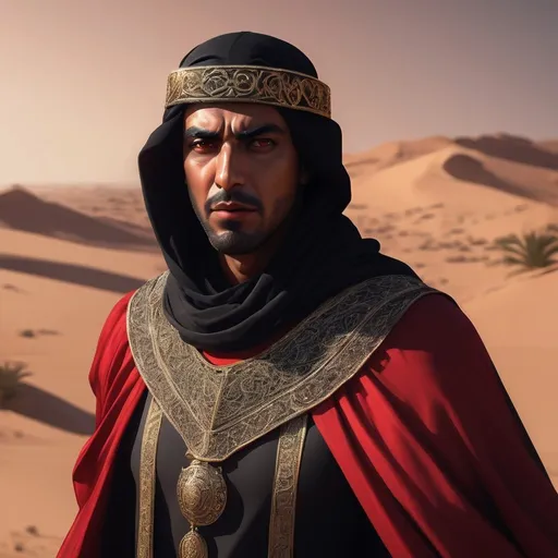 Prompt: a remarkable goodlooking guard of the desert of arab descent, in red and black clothes with a fluttering red cape, lightly dressed, visibly well-trained, high-quality equipment with gold ornaments, mouth covered with a scarf, menacing look, hero portrait, voluminous desert light, 3d, digital masterpiece