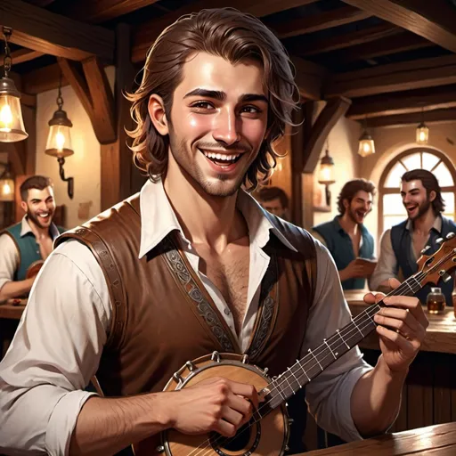 attractive men with a music instrument in a tavern,...