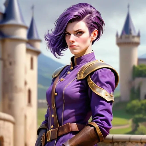 Prompt: realsitic portrait, a masculine looking  women, in her 50s, first wrinkles, sidecut, broad chin,  purple hair and firm, short haircut, angular face, upper body portrait, pale skin, in a castle, military posture oil painting, realistic, hd, contrasted colors, bright puple 