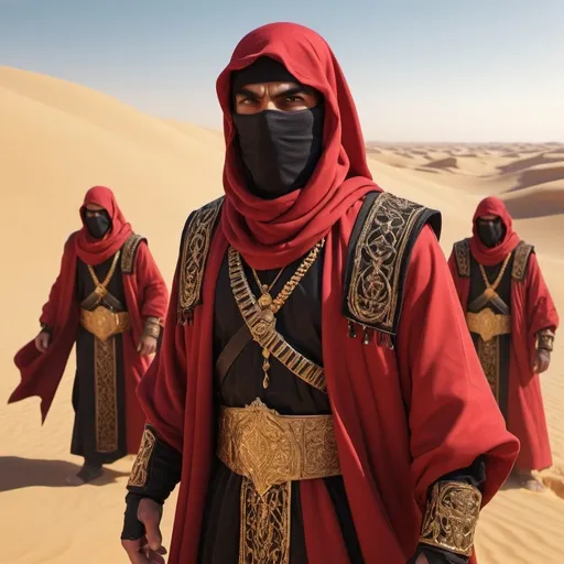 Prompt: guards of the desert of arab descent, in red and black robes, lightly dressed, visibly well-trained, high-quality equipment with gold ornaments, mouth covered with a scarf, menacing look, ready to fight, voluminous desert light, 3d, digital masterpiece