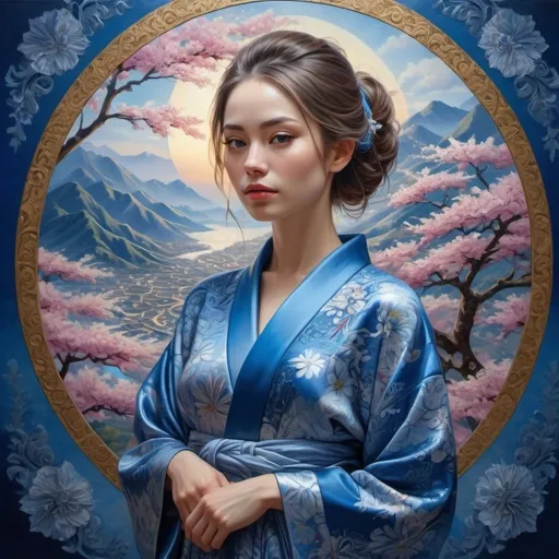 Prompt: A beautiful person in a beautiful place, ethereal woman in a blue  patterned kimono, detailed oil painting, Highly detailed, intricate, crossed colors, beautiful, high definition, fantastic view. 3d,  intricate details, volumetric lighting 
