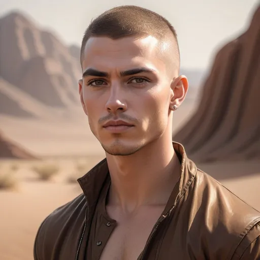 Prompt: attractive men with a buzzcut, in brown clothes, Art by Stanley Artgerm, Charlie Bowater, realistic, 32k, high resolution, 30mm lens, ISO 100, high detail, warm lighting, desert surrounding, intricate artwork masterpiece, ominous, golden ratio, sharp focus, intricate details, highly detailed, the el dorado in the background 