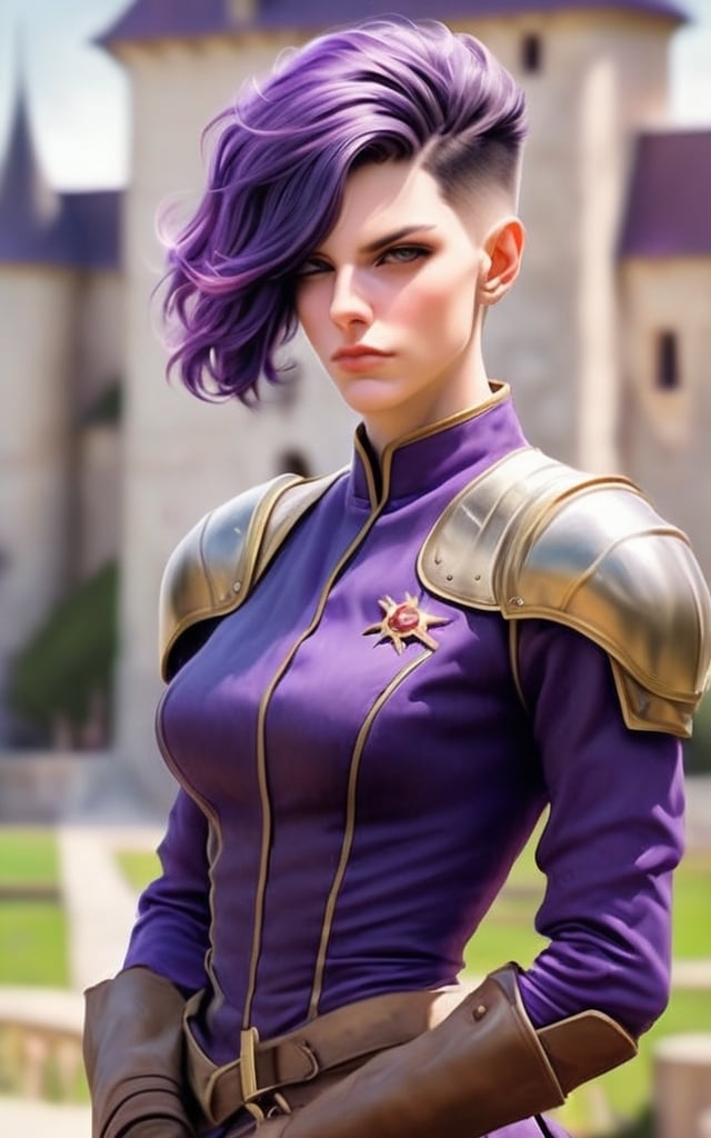 Prompt: realsitic portrait, a masculine looking  women, in her 50s, first wrinkles, sidecut, broad chin,  purple hair and firm, short haircut, angular face, upper body portrait, pale skin, in a castle, military posture oil painting, realistic, hd, contrasted colors, bright puple 