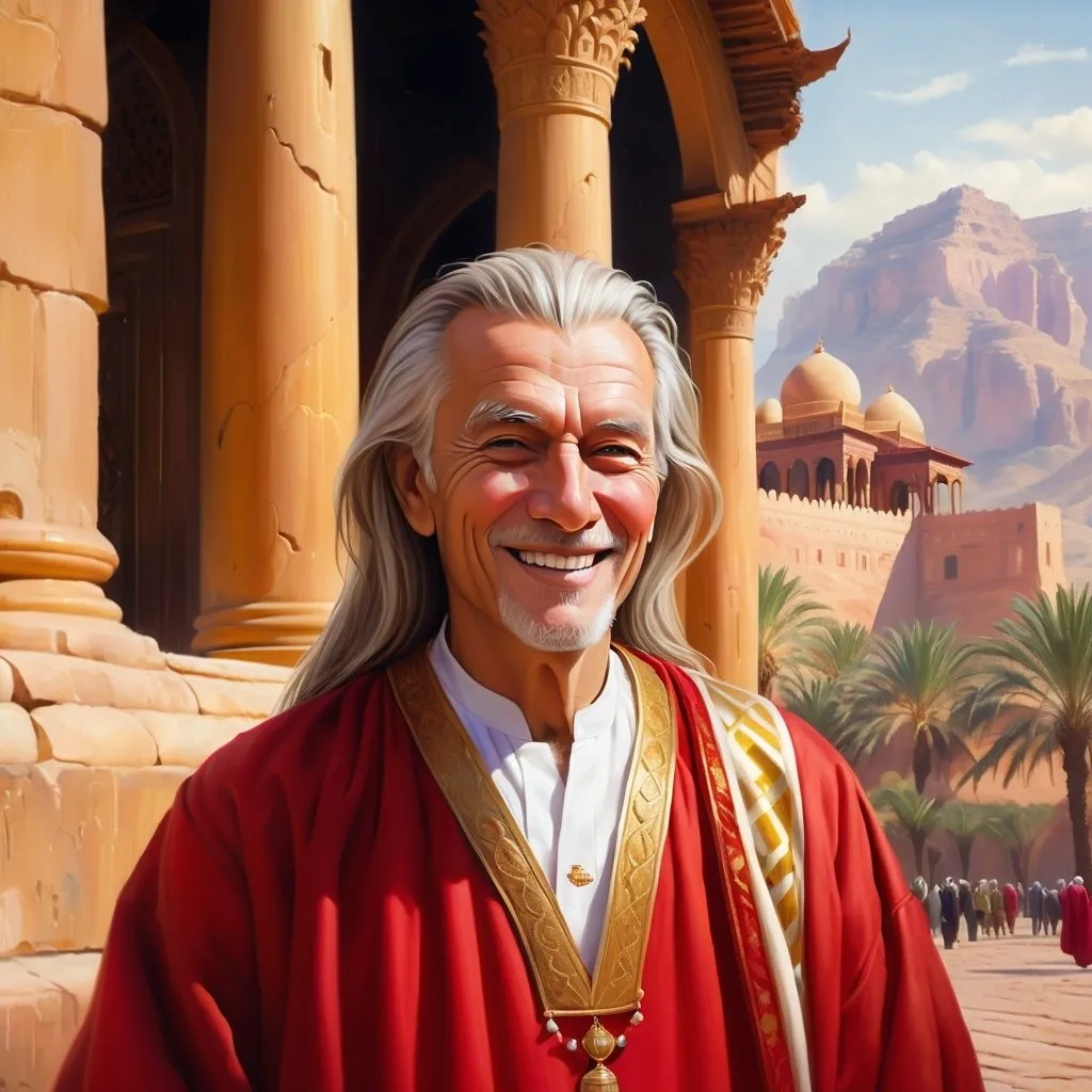 Prompt:  oil painting, realistic, hd, portrait of an old corrupt snob with in a red and gold bisht, smug smile, a sandstone palace in the background, oil painting, art style like andreysmachniy or rioboy-daydreamer from deviantart, arabic origin