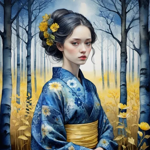 Prompt: A beautiful person in a beautiful place, ethereal woman in a blue  patterned kimono, the dark woods, caia Koopman, yellow and indigo flowers, Hiro isono, Van Gogh, endre penovac, catrin welz-stein, Jean Baptiste monge, Gerhard Richter, sascalia, Amy sol. Watercolor impasto, Highly detailed, intricate, crossed colors, beautiful, high definition, fantastic view. 3d, iridescent Watercolors and Ink, intricate details, volumetric lighting 
