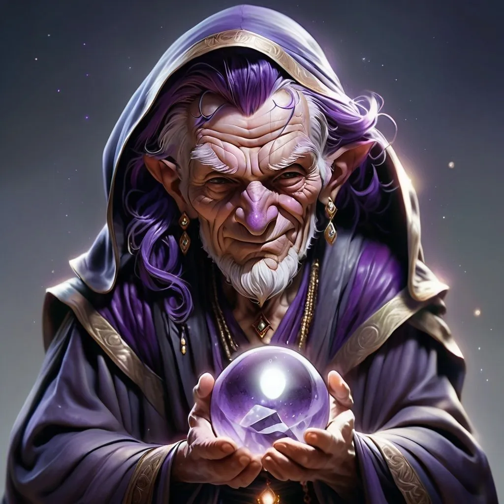 Prompt: character design,  character portrait of an old fortune teller, wrinkled face, purple hair, a cloak in dark purple, hunched back, small statue, friendly face, smiling, magical talent, expensive robes and jewelry, art style like andreysmachniy or rioboy-daydreamer from deviantart, digital painting, masterpiece with detailed artwork, play of lights, grey background, realistic design