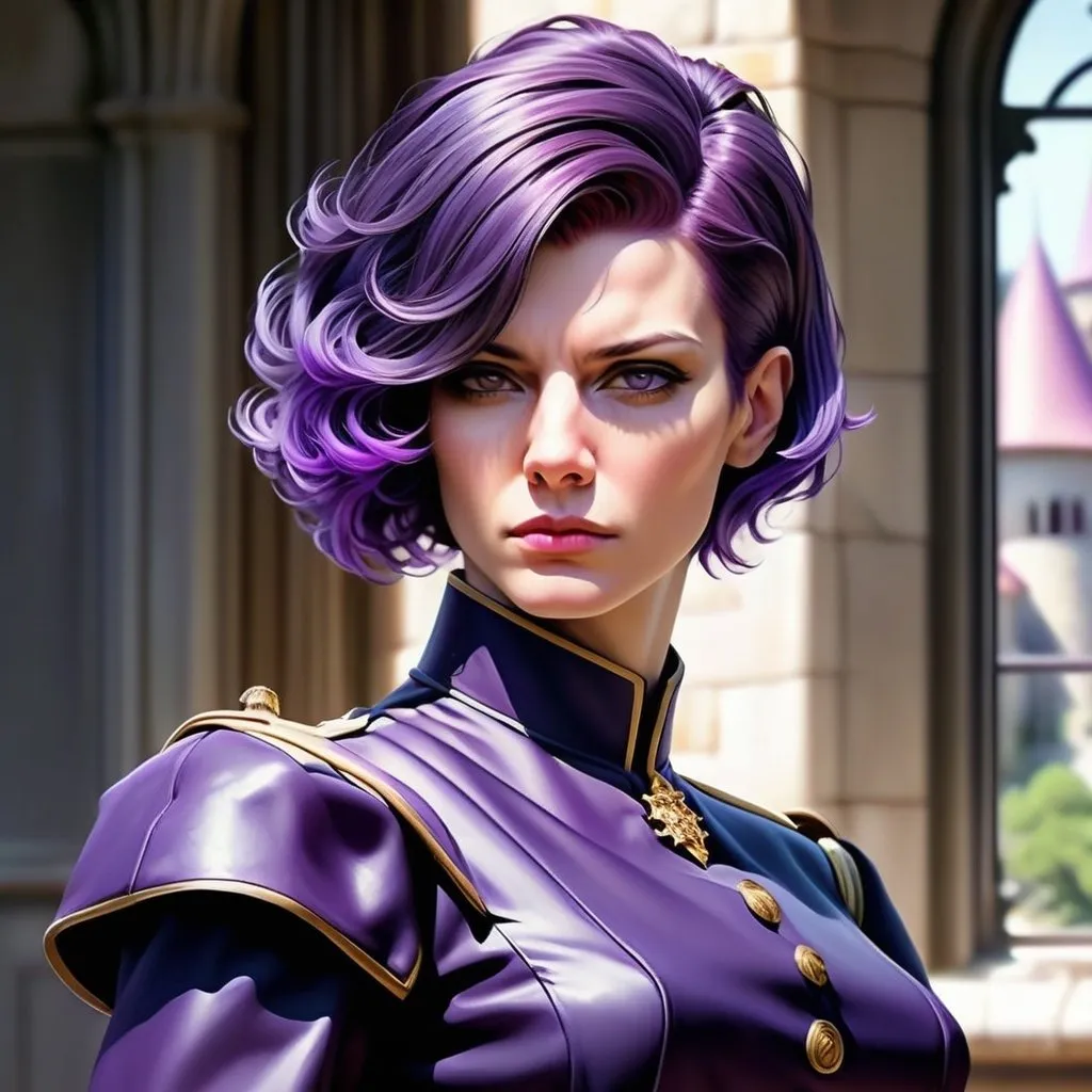 Prompt: realsitic portrait, a masculine looking  women, in her 50s, first wrinkles, sidecut, serious face, broad chin,  purple hair and firm, short haircut, angular face, upper body portrait, pale skin, in a castle, military posture oil painting, realistic, hd, contrasted colors, bright puple 