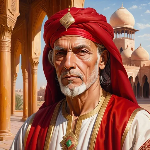 Prompt:  oil painting, realistic, hd, portrait of an old corrupt snob with in a red and gold bisht, muslim, a sandstone palace in the background, oil painting, art style like andreysmachniy or rioboy-daydreamer from deviantart, arabic origin
