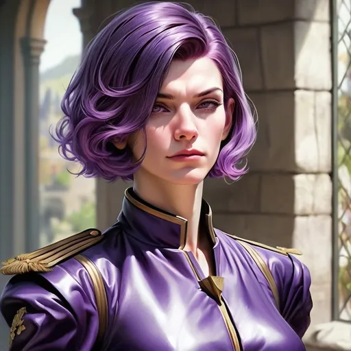 Prompt: realsitic portrait, a masculine looking  women, in her 50s, first wrinkles, sidecut, broad chin,  purple hair and firm, short haircut, angular face, upper body portrait, pale skin, in a castle, military posture oil painting, realistic, hd, contrasted colors, bright puple 