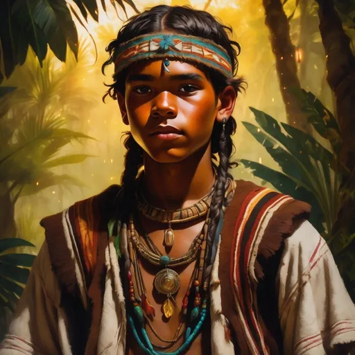 Prompt: hero portrait of an ancient tribal teenage boy with braided hair in a tropical landscape, dark hair, jewelry made of natural materials and precious stones, decorated face painting and indigenous clothing style, oil painting, digital masterpiece, play of lights, warm lights, artwork