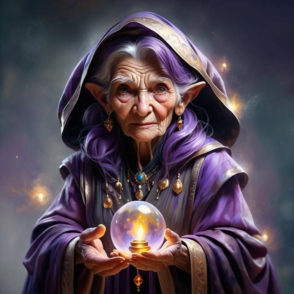 Prompt: realsitic portrait, character design of a fortune teller, old woman with magic power, oil painting, realistic, hd 