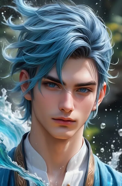 Prompt: realsitic portrait, character design of a atractive water wizard,  young men with blueish haircolor, waterbending with his magic powers, oil painting, realistic, hd 