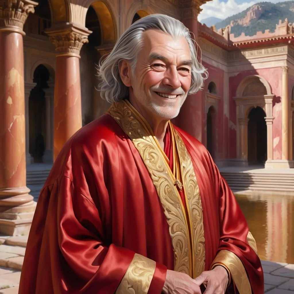 Prompt:  oil painting, realistic, hd, portrait of an old corrupt snob with gray hair in a red and gold robe, smug smile, a sandstone palace in the background