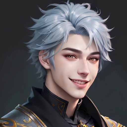 Prompt: character design, upper body portrait, of a young wolfs  men, attractive enthusiastic  appearance, smiling, art style like andreysmachniy or rioboy-daydreamer from deviantart, digital painting, masterpiece with detailed artwork, play of lights, greyish haircolor, anime hairstyle