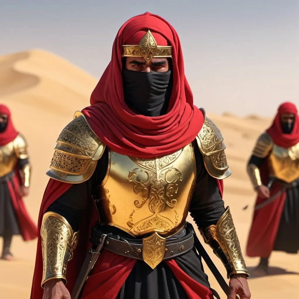 Prompt: guards of the desert with arab descent, in red-black robes, lightly dressed, well-trained, high-quality equipment with golden armor parts or gold decorations on the red-black armor, mouth covered with a cloth, menacing look, ready to fight, voluminous desert light, 3d, digital masterpiece