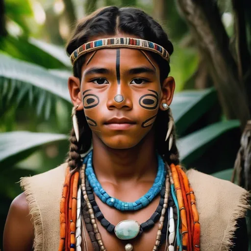 Prompt: portrait of an ancient tribal teenage boy with braided hair in a tropical landscape, dark hair, jewelry made of natural materials and precious stones, decorated face painting and indigenous clothing style