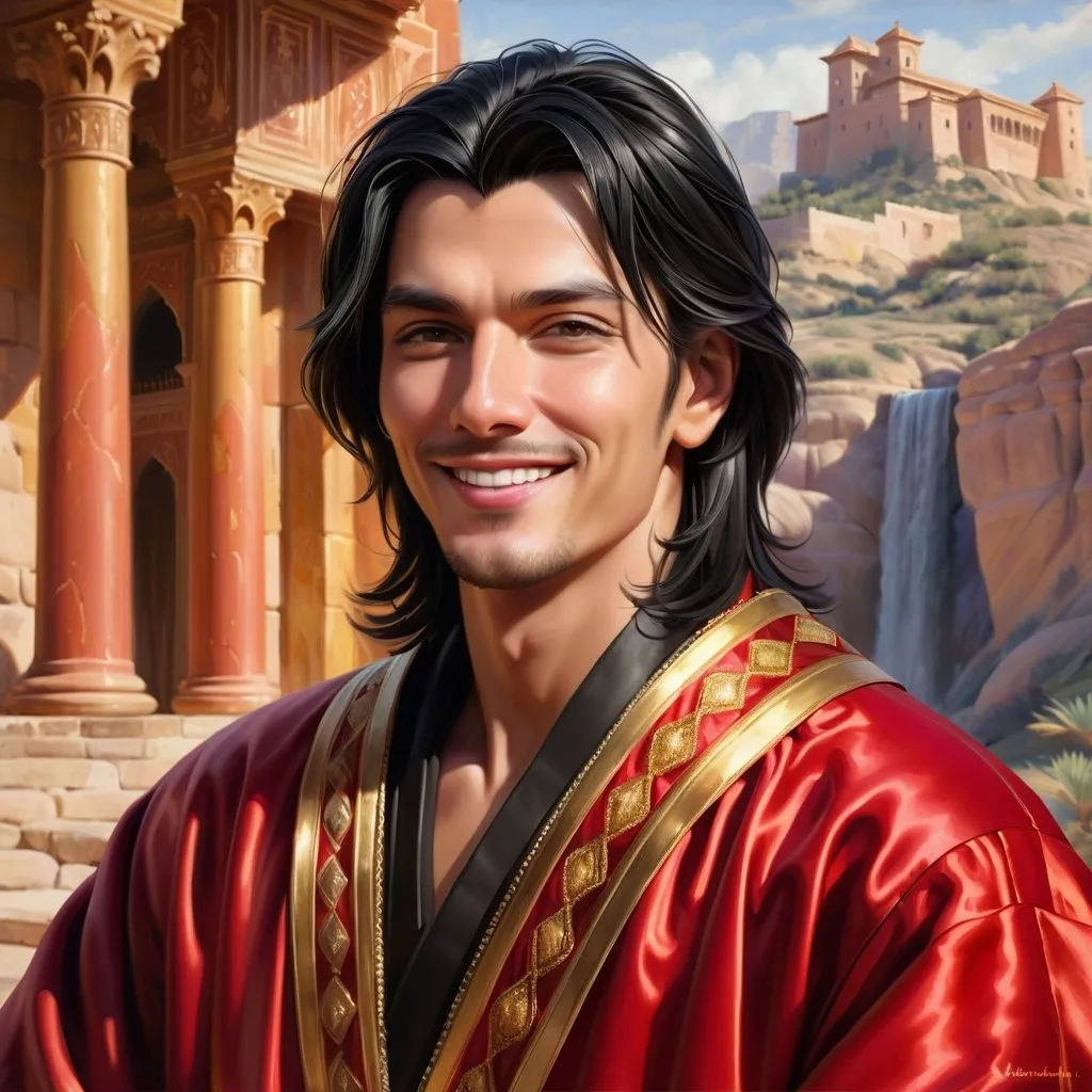 Prompt:  oil painting, realistic, hd, portrait of an old corrupt snob with black hair in a red and gold robe, smug smile, a sandstone palace in the background, oil painting, art style like andreysmachniy or rioboy-daydreamer from deviantart, arabic origin