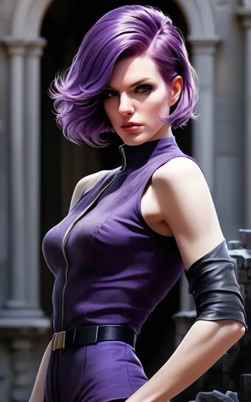 Prompt: realsitic portrait, a masculine looking  women, in her 40s, serious face,  purple hair and firm, short haircut, angular face, upper body portrait, pale skin, in a castle, military posture oil painting, realistic, hd, contrasted colors, bright puple 