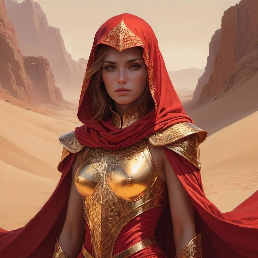 Prompt: arbic guard in red-golden clothes, Art by Stanley Artgerm, Charlie Bowater, realistic, 32k, high resolution, 30mm lens, ISO 100, high detail, warm lighting, desert surrounding, intricate artwork masterpiece, ominous, golden ratio, tsharp focus, intricate details, highly detailed