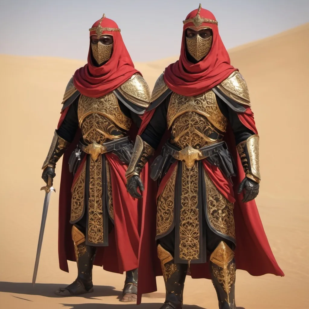 Prompt: guards of the desert with arab descent, in red-black robes, lightly dressed, well-trained, high-quality equipment with golden armor parts or gold decorations on the red-black armor, mouth covered with a cloth, menacing look, ready to fight, voluminous desert light, 3d, digital masterpiece