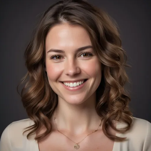 Prompt: Professional headshot of a 30 year old woman smile on her face and a delicate necklace on her neck, model has brown medium length, wavy hair. She looks put together, kind, and smart. She is dressed conservatively
