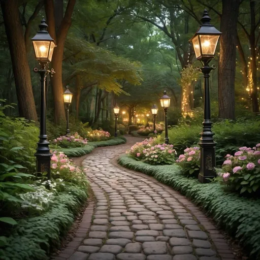 Prompt: Wide Cobblestone cart path through the forest
Victorian era lights highlighting the path
Flowers and foliage