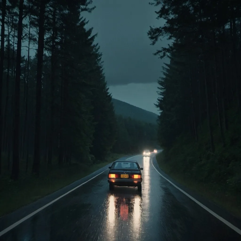 Prompt: Looking at Car driving at midnight through woods from. Outside
Rainy and curvy roads
Melancholic
Should be in the 1980
Car is driving from right to left 