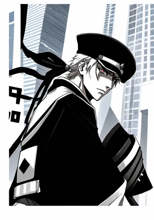 Prompt: Anime illustration of Captain from Bleach in Prussian uniform of Victoria 3 with Haori, detailed character design, intense and focused gaze, skyscrapers in the background, cool tones, detailed eyes, sleek design, professional, atmospheric lighting, 4k, ultra-detailed, anime