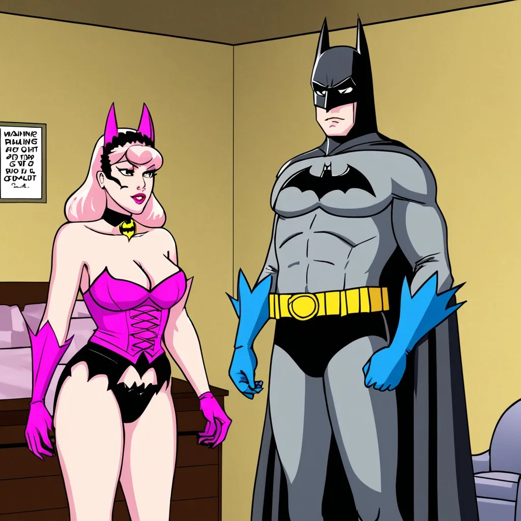 Prompt: cartoon sissy batman unmasked waring a hookers outfit