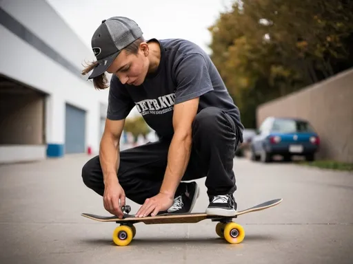 Prompt: skateboarder doing maintenance on skateboard wheels

