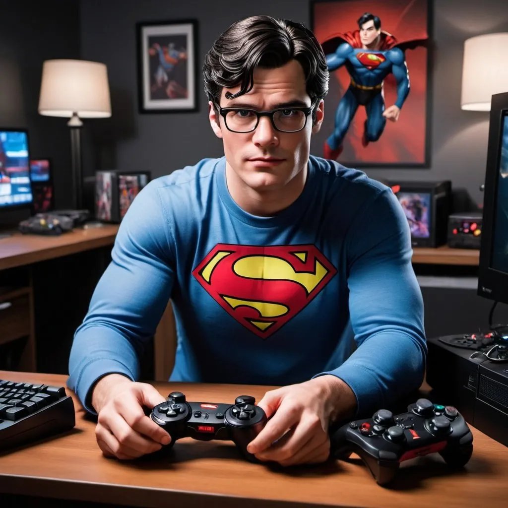 Prompt: Clark Kent as a gamer with a really cool gaming set up and a little bit of his super man outfit showing 