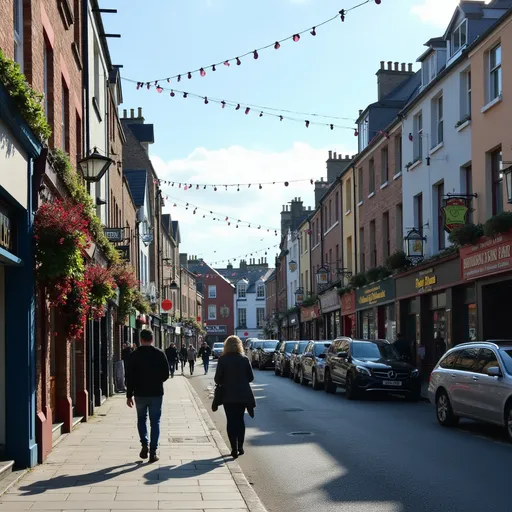 Prompt: A sunny day in an Irish city with people, cars and building including pubs and shops in photographic style. 
