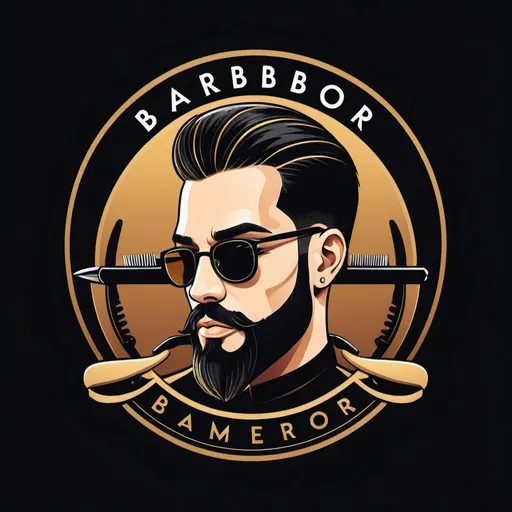 Prompt: (Logo design), sleek and modern, bold typography, vibrant color palette, warm tones, black and gold accents, minimalist style, sharp lines, barber tools integrated, inviting ambiance, professional and trendy, eye-catching aesthetics, suitable for branding, crafted for barbershop identity.