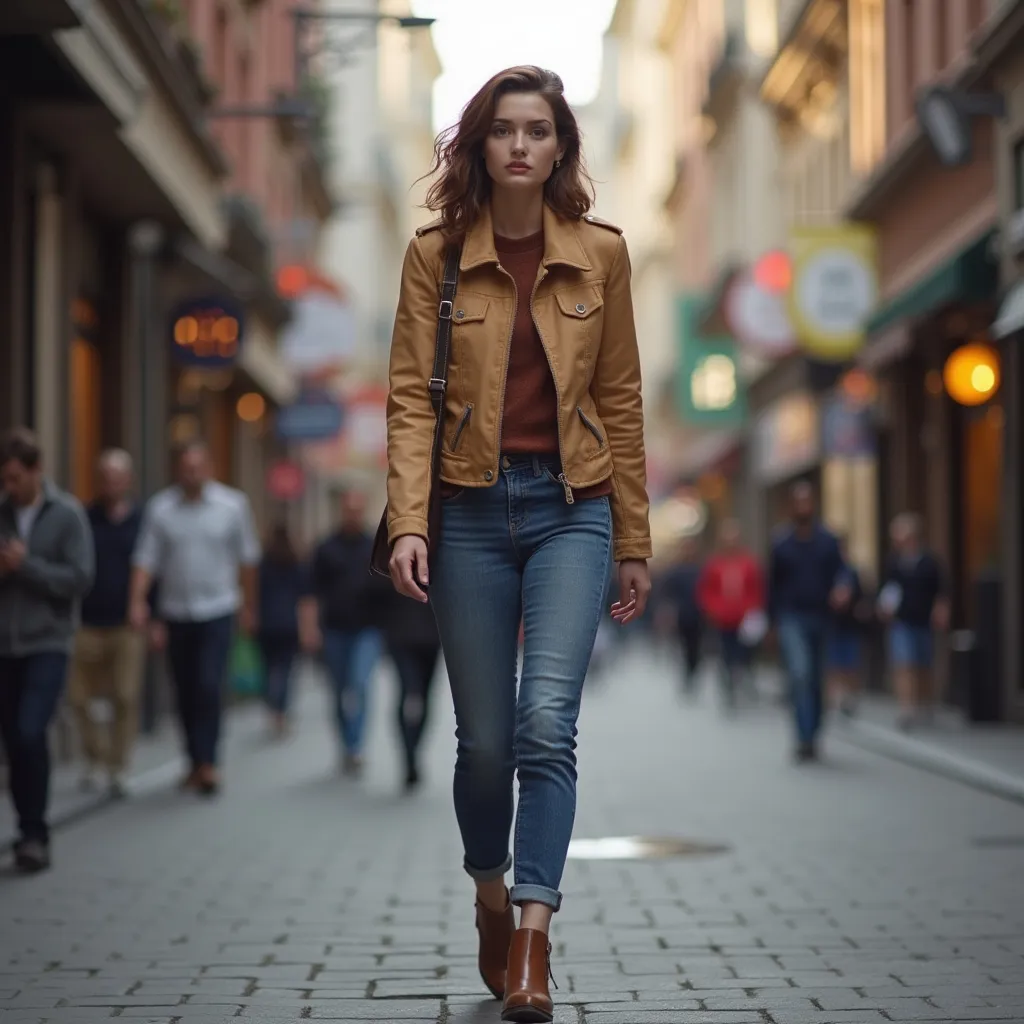 Prompt: Tall young woman walking down the high street, detailed clothing, realistic, natural lighting