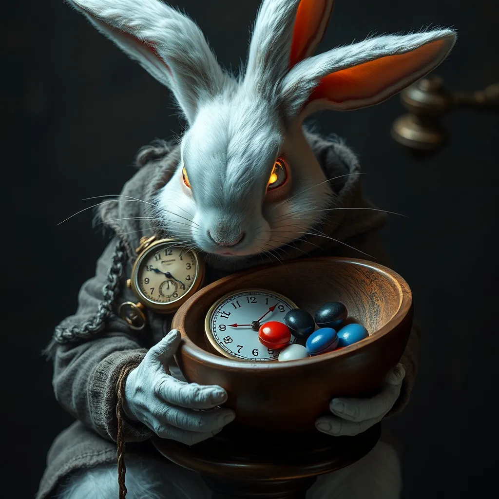 Prompt: A tired celestial white rabbit with glowing eyes and ragged clothing . The rabbit is steampunk with a pocket watch. The pocket watch's time is near midnight. A black pill, a red pill, and a blue pill sit within a wooden bowl on a lamp stand. A  perfect composition that is a hi-res, masterpiece, and quality upscaled to 18k image.