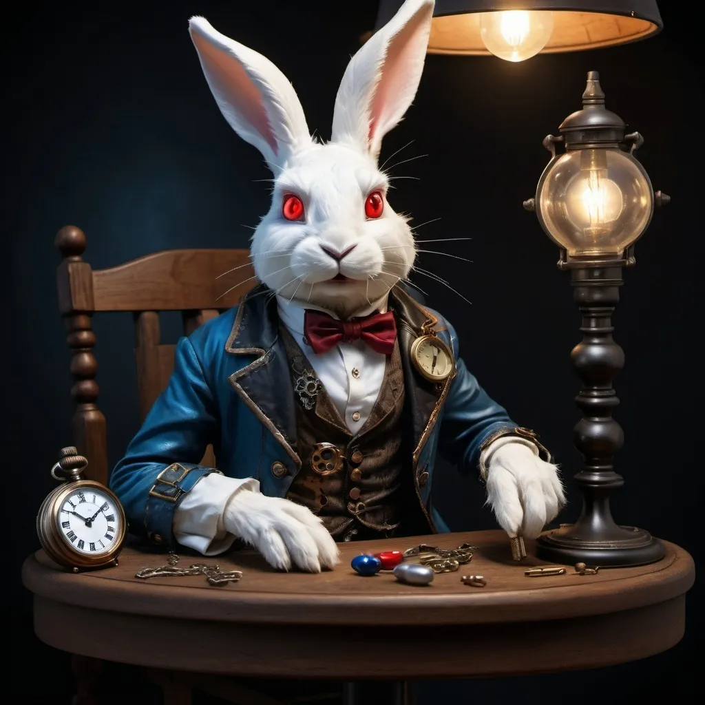 Prompt: A tired celestial white rabbit with glowing eyes and ragged clothing . The rabbit is steampunk with a pocket watch. The pocket watch's time is near midnight. A black pill, a red pill, and a blue pill sit within a wooden bowl on a lamp stand. A  perfect composition that is a hi-res, masterpiece, and quality upscaled to 18k image.