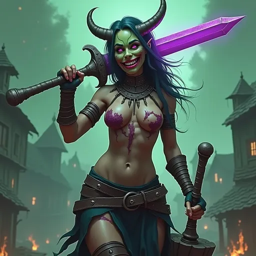 Prompt: high resolution 3d image of a woman fighter with a demonic goblin face, holding a stout war hammer and a purple glowing sword resting on her shoulder behind her head, also with purple viscera on her scantly clad chest, grimdark art, comic cover art, plagued village with a green fog in the distance behind her