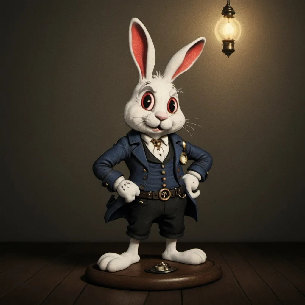 Prompt: A tired celestial white rabbit with glowing eyes and ragged clothing . The rabbit is steampunk with a pocket watch. The pocket watch's time is near midnight. A black pill, a red pill, and a blue pill sit within a wooden bowl on a lamp stand. A  perfect composition that is a hi-res, masterpiece, and quality upscaled to 18k image.