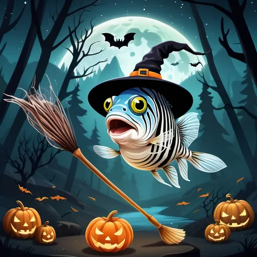 Prompt: Create an image showing a zebrafish (danio rerio) wearing a witch hat and holding a broomstick in one of its fins with a halloween background of fellow zebrafish witches dancing in a circle in the background in a forest mountain scenery at night.