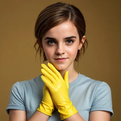 Prompt: young Emma Watson with yellow rubber gloves
