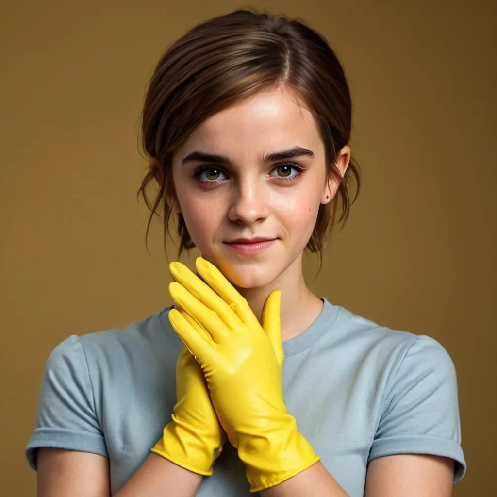 Prompt: young Emma Watson with yellow rubber gloves
