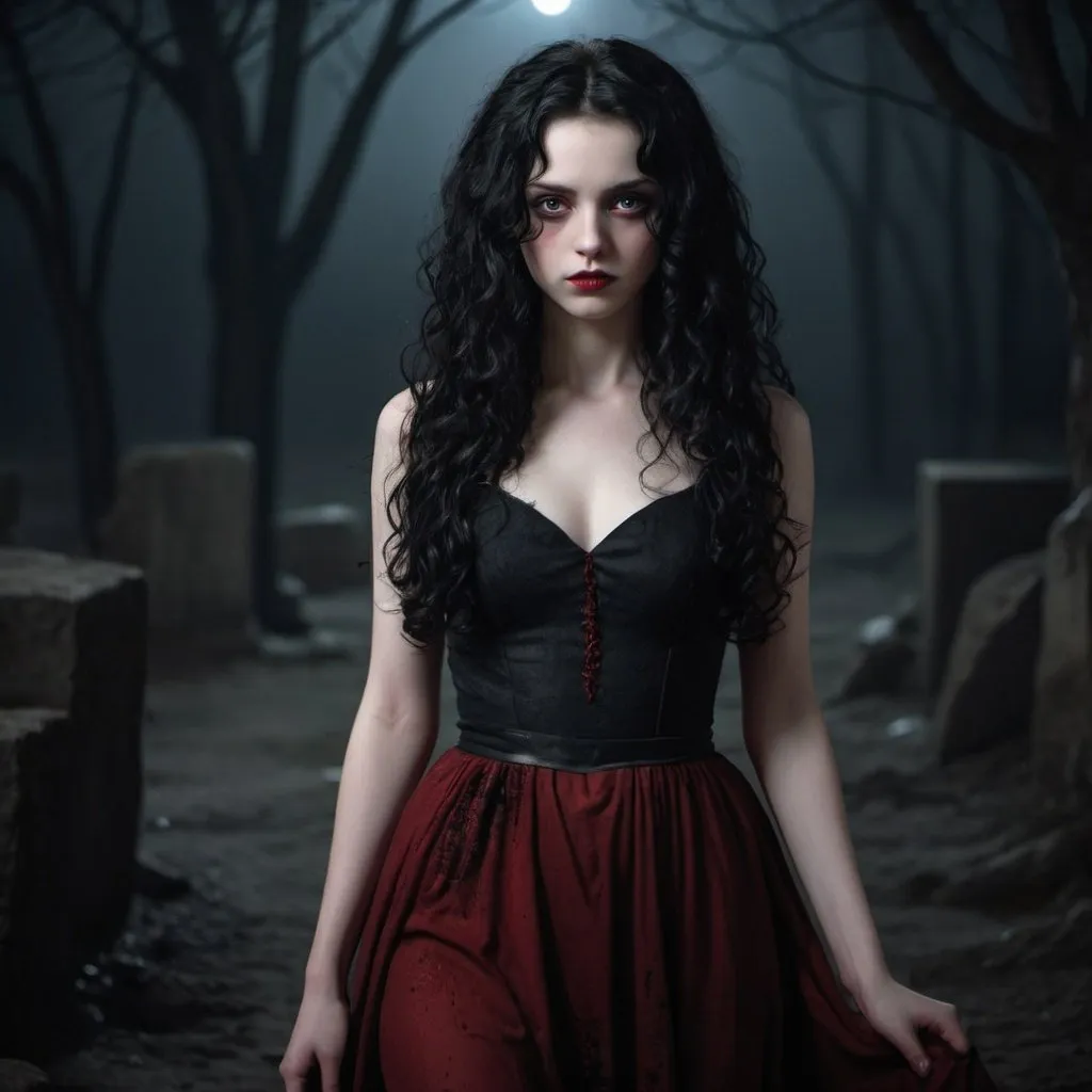 Prompt: A girl with an evil look, with pale skin, long black curly hair and black, dull eyes, wearing blood-coloured dress, in mooniight with surroundings full of darkness
