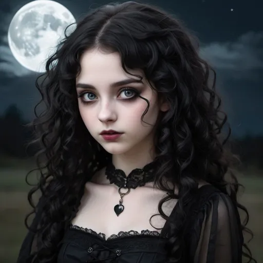 Prompt: A girl with black gothic dress, with dull eyes, with long black curly hair, a mischievous look, pale skin, in the moonlight with the surroundings full of darkness